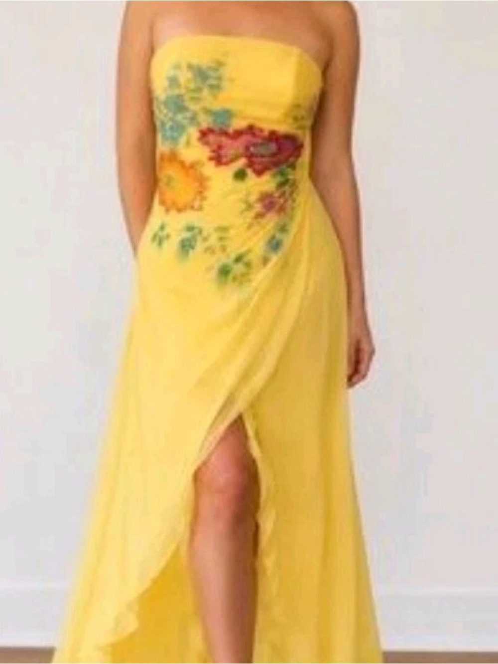Cache 100% silk Yellow High-Low Strapless Beaded Dress vintage GORGEOUS! Sz 8